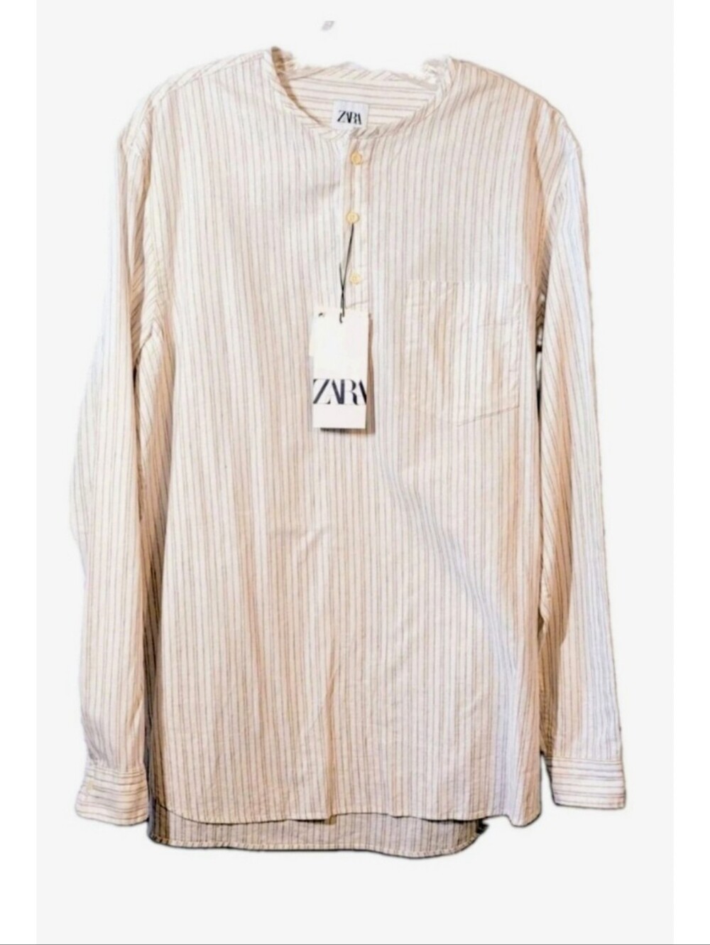 Zara Womens White Tan Stripe Linen Henley Blouse Relaxed Fit V-Neck Top Size M